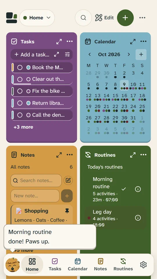 Snod’s home screen on a phone with Tasks, Calendar, Notes and Routines tiles. Brae, in the dock, says: Morning routine done! Paws up.