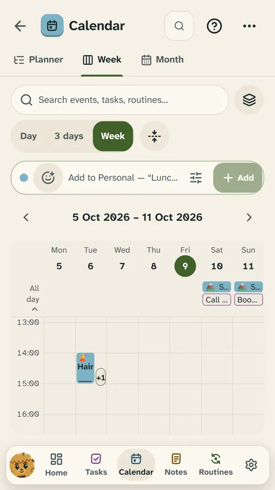 Calendar’s Week on a phone: the Planner, Week and Month tabs, the quick-add bar adding to Personal, and the week of 5 to 11 October with a few events.