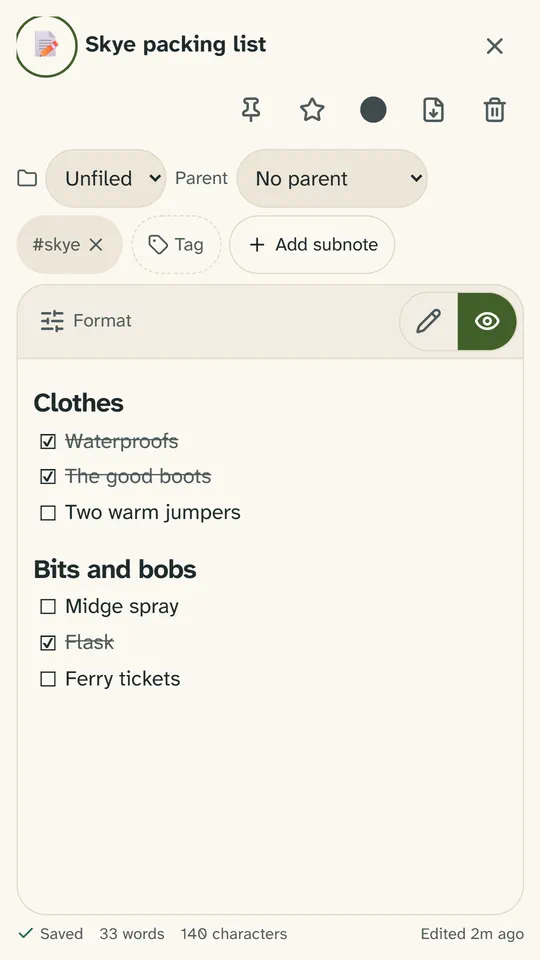 A note on a phone, ‘Skye packing list’, tagged #skye: two headings and a checklist with three of six items ticked.