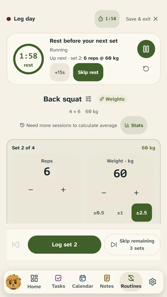 A workout running on a phone: Leg day, Back squat, set 2 of 4 at 6 reps and 60 kg, with the rest timer counting down, +15s, Skip rest and Log set 2.