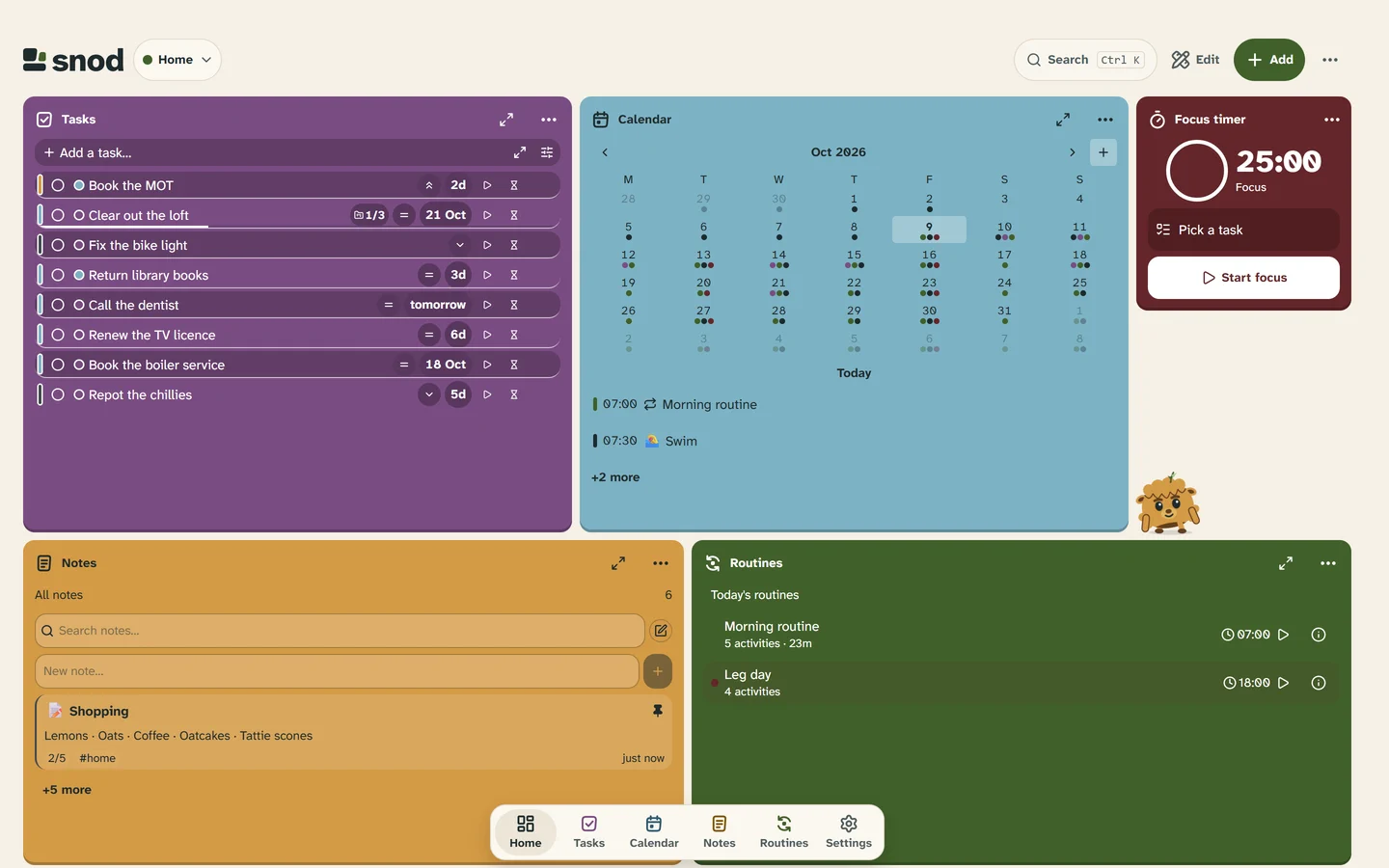 Snod on a laptop: a wider home screen with Tasks, Calendar, Focus timer, Notes and Routines tiles, and Brae standing beside the calendar.