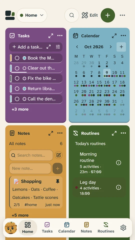 Snod’s home screen on a phone: Tasks, Calendar, Notes and Routines tiles, with Brae the haggis in the bar at the bottom.